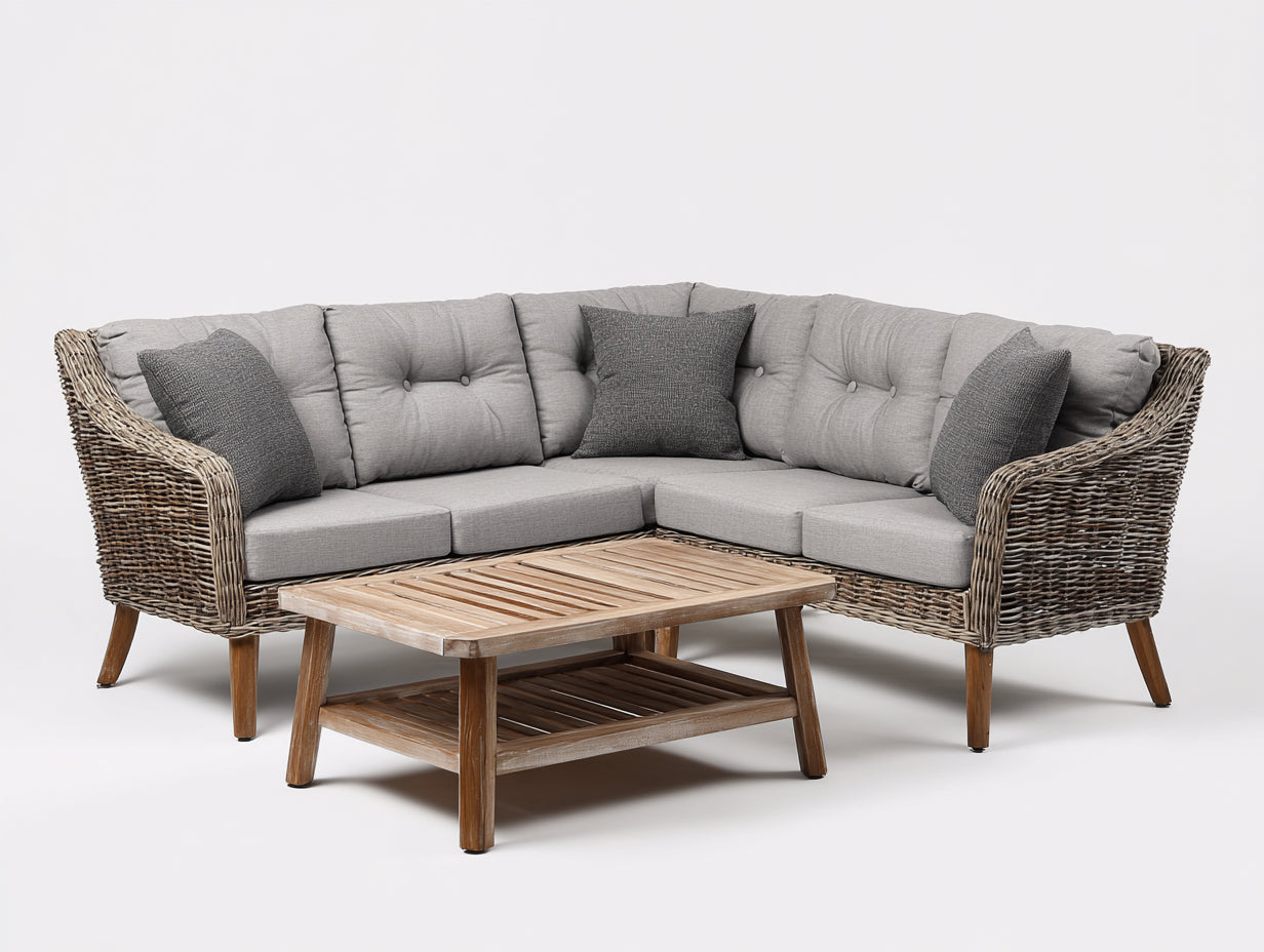 Canapé de jardin - rotin-bois-tissu - 268x268x86 cm - gris clair-brun naturel - style scandinave