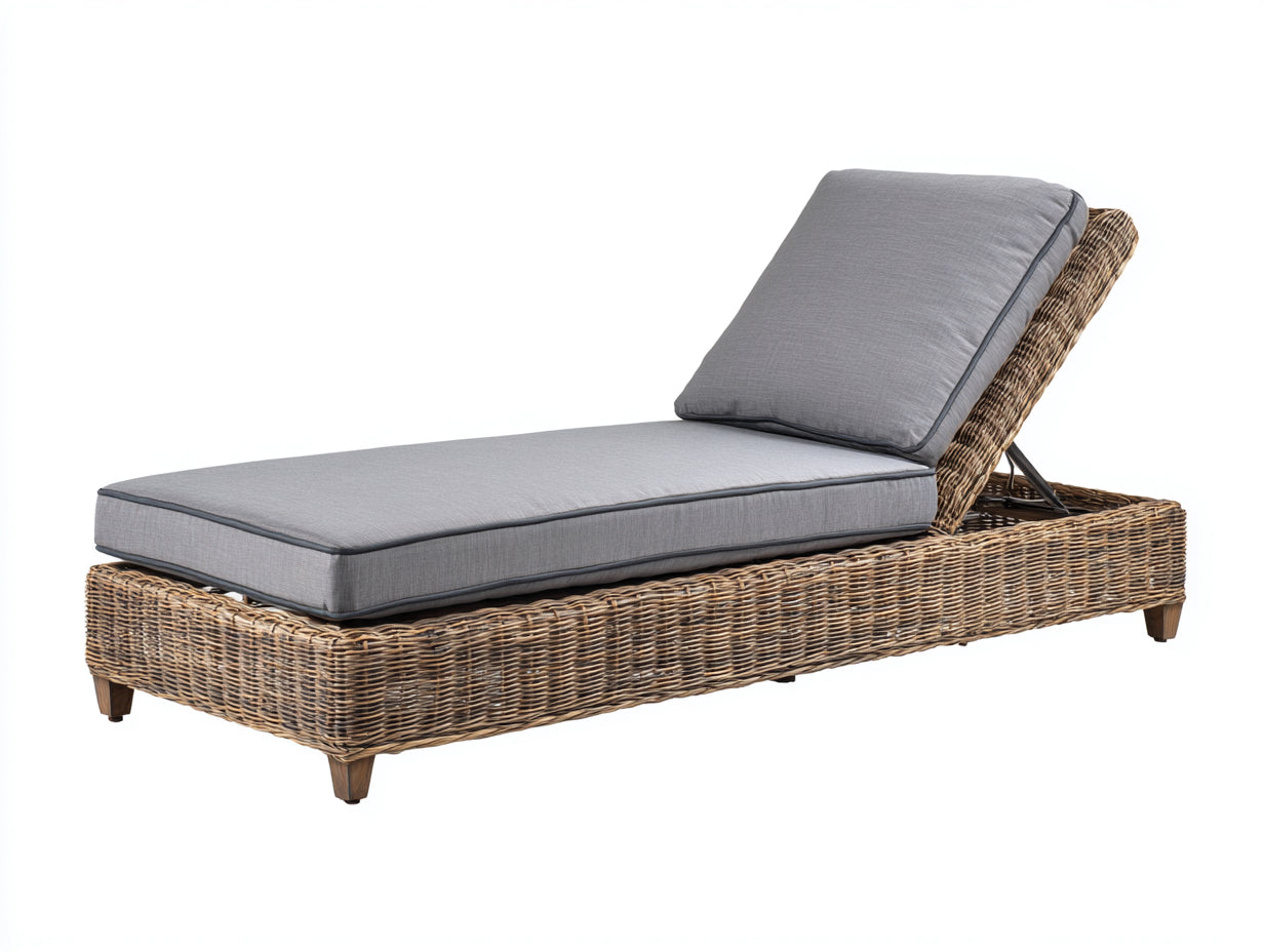 Bain de soleil-Résine tressée-Tissu-Bois-200x72x88 cm-Naturel-Gris-Bohème