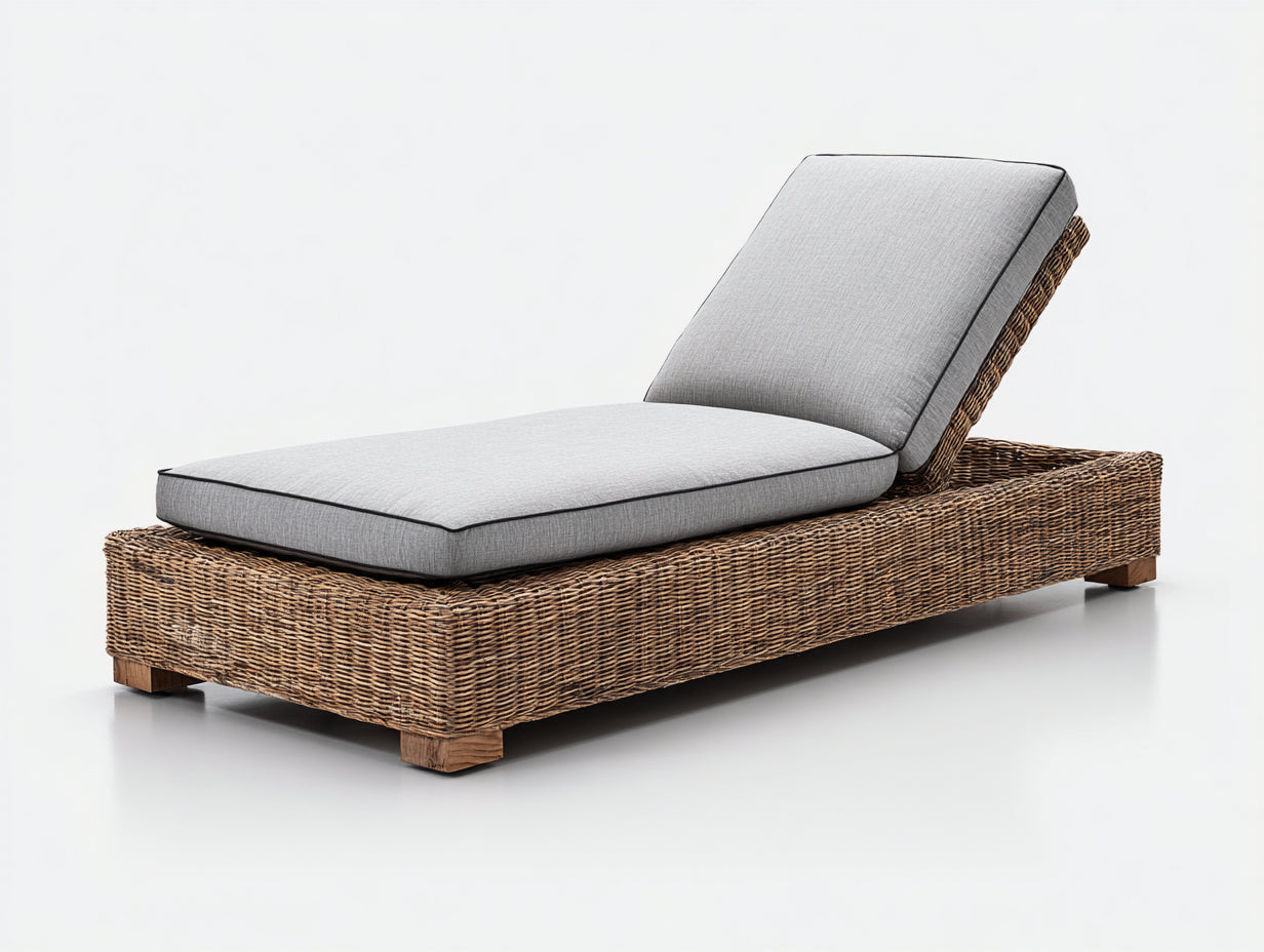 Bain de soleil-Résine tressée-Tissu-Bois-201x73x87 cm-Naturel-Gris-Rustique