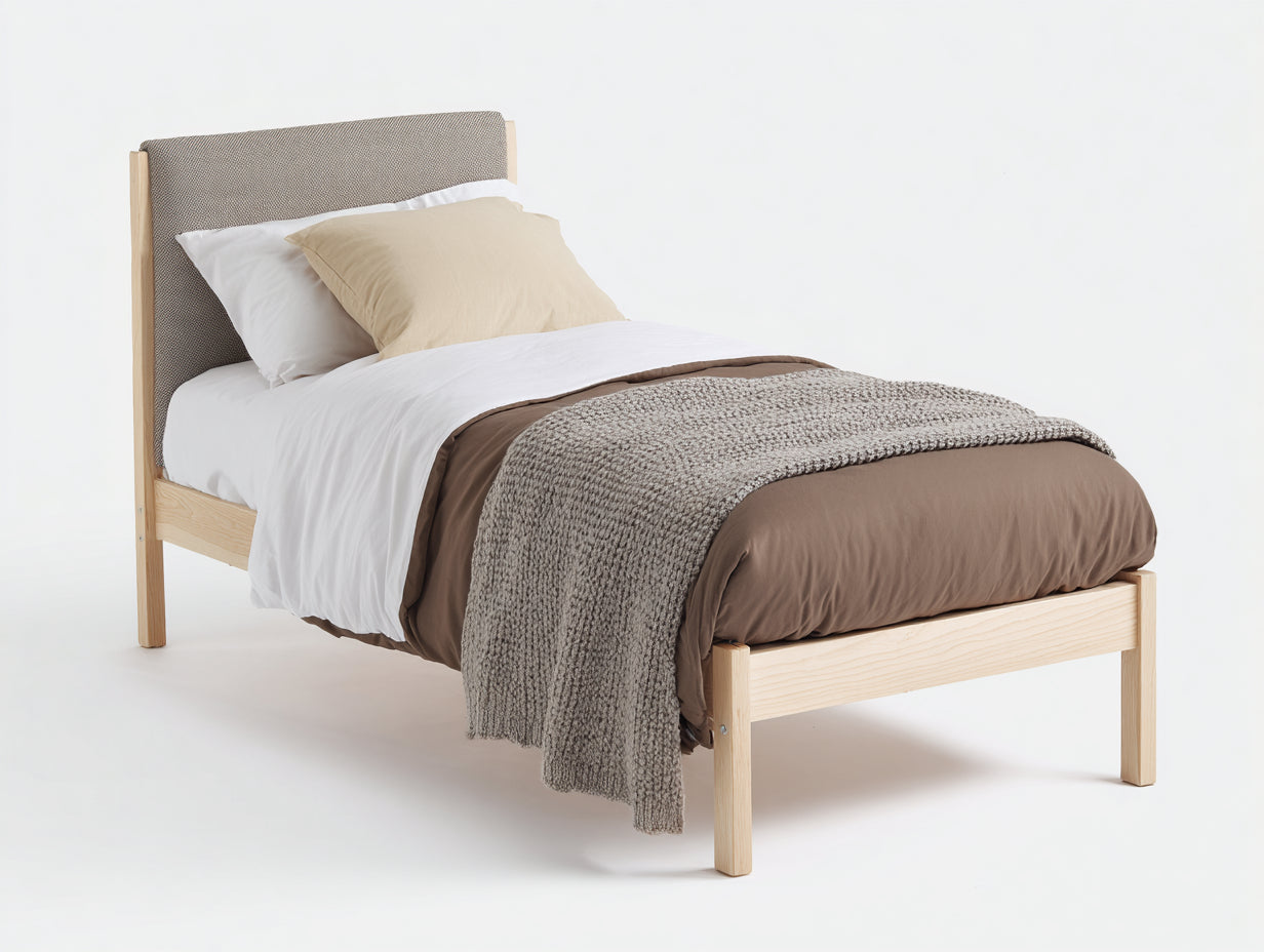 Lit simple-Bois-Tissu-200x100x105 cm-Chêne clair-Gris-Scandinave
