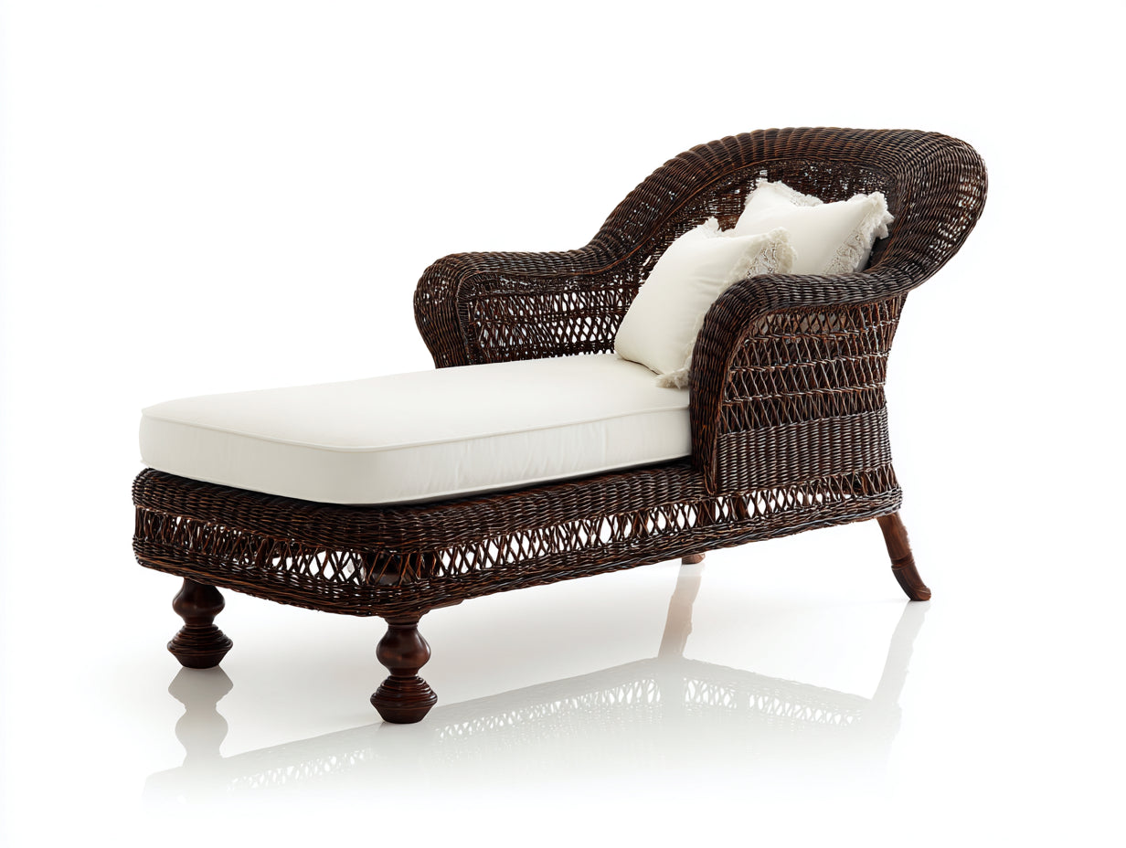 Bain de soleil-Résine tressée-Tissu-Bois-192x80x94 cm-Marron foncé-Blanc ivoire-Vintage