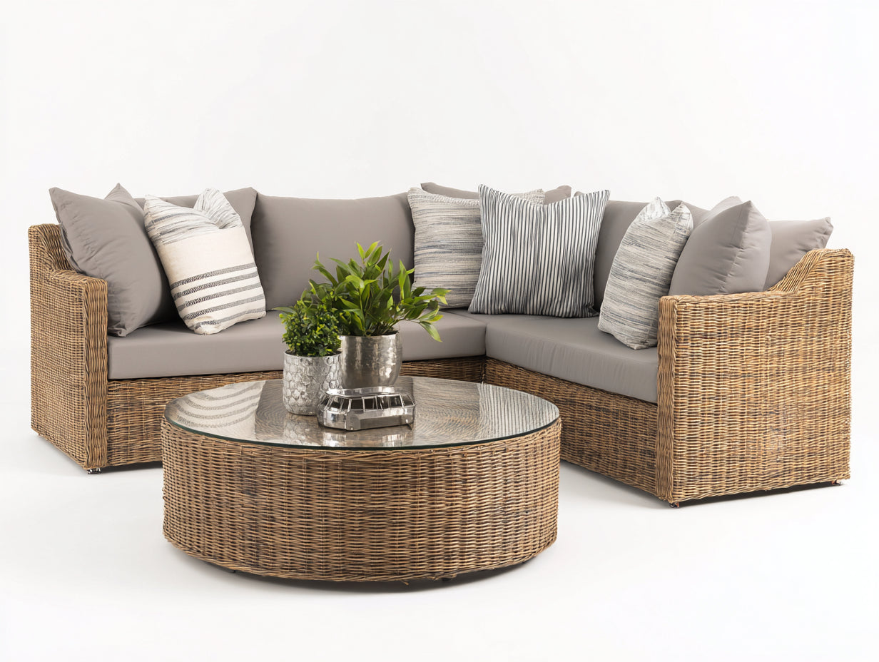 Canapé de jardin - rotin-verre-tissu - 278x278x80 cm - brun naturel-gris clair - style contemporain