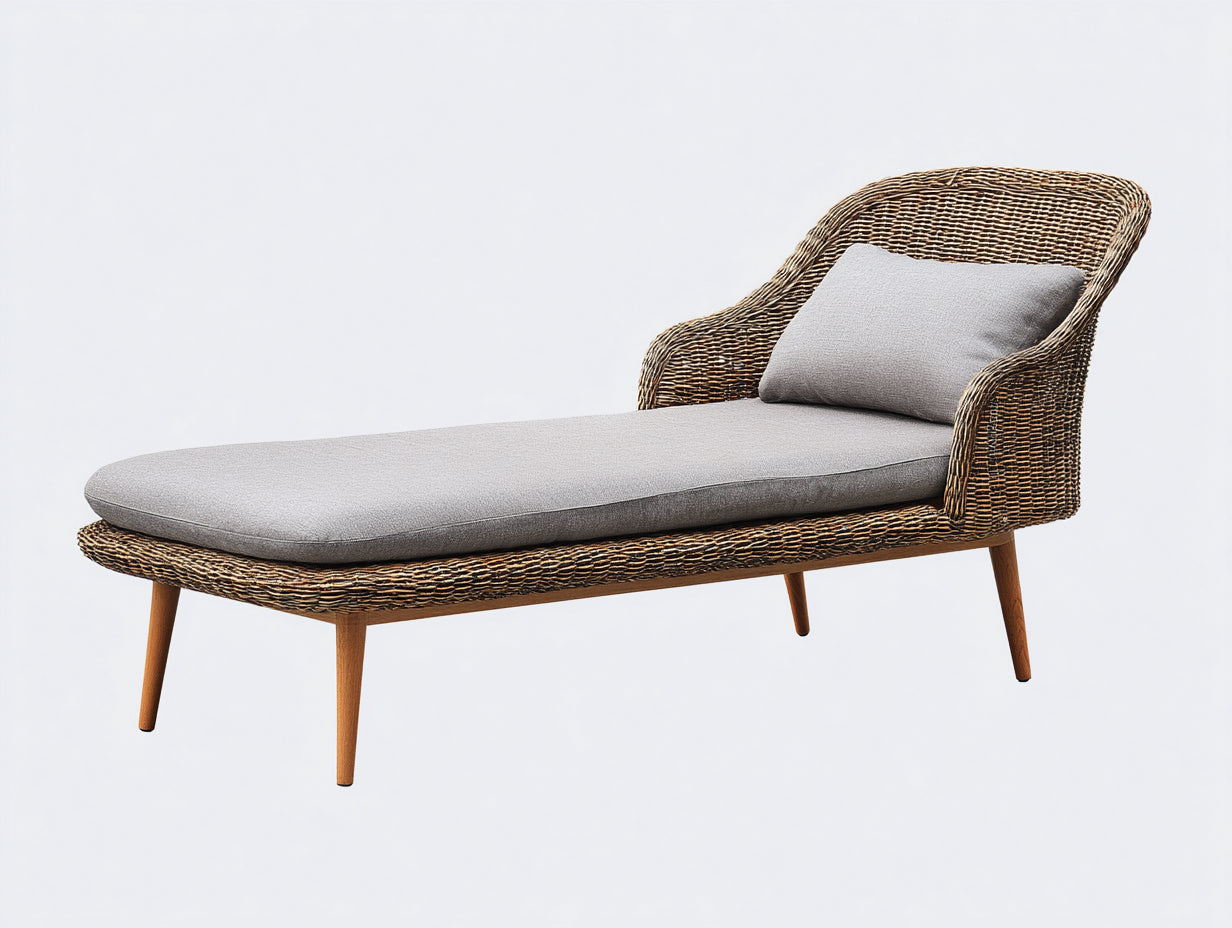 Bain de soleil-Résine tressée-Tissu-Bois-185x76x88 cm-Naturel-Gris perle-Scandinave