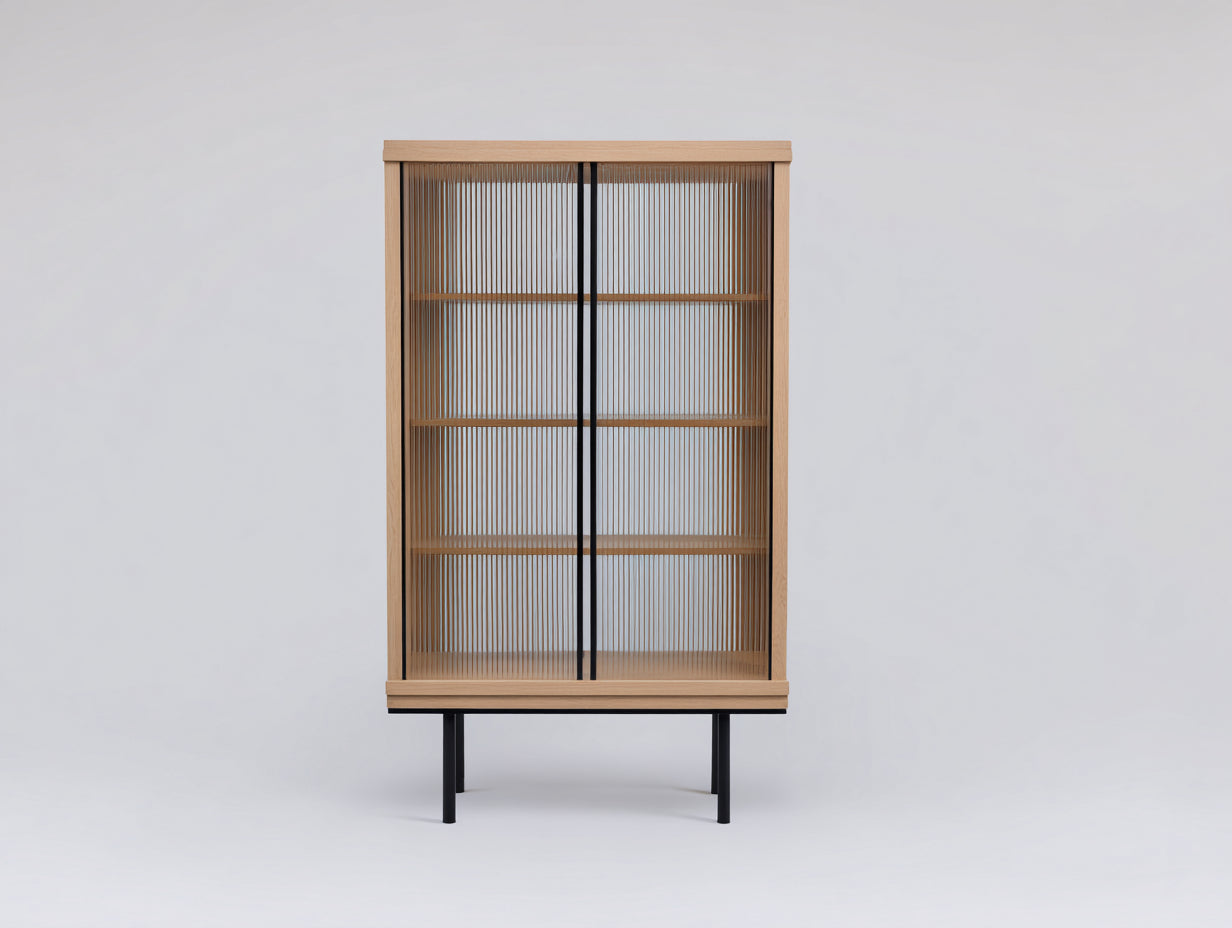 Vitrine - bois-métal-verre - 92x40x176 cm - chêne clair-noir - style japonais