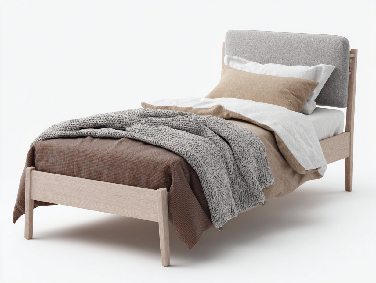 Lit simple - bois - tissu - 203x97x96 cm - bois clair-gris - style scandinave