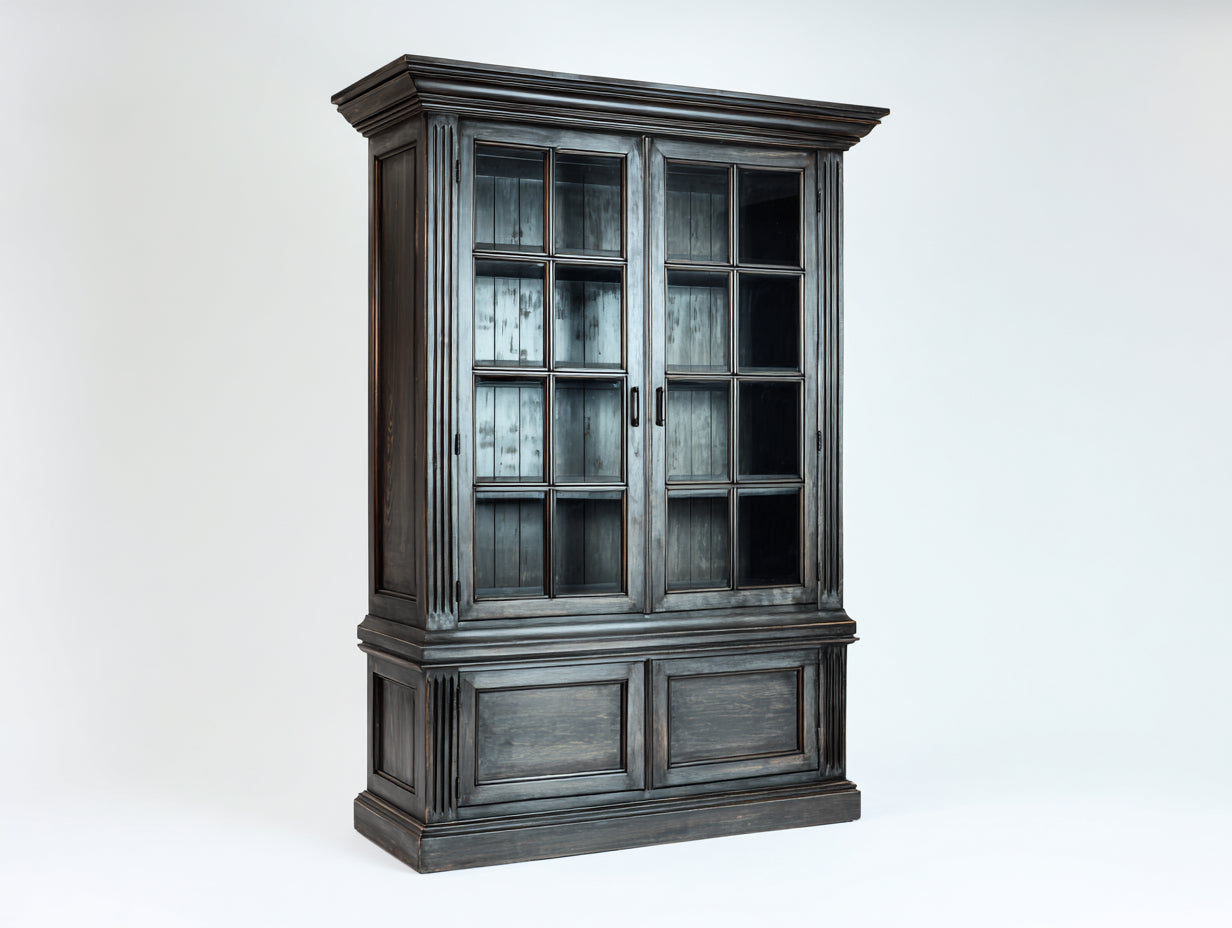 Vitrine - bois-verre - 146x48x214 cm - gris anthracite - style industriel