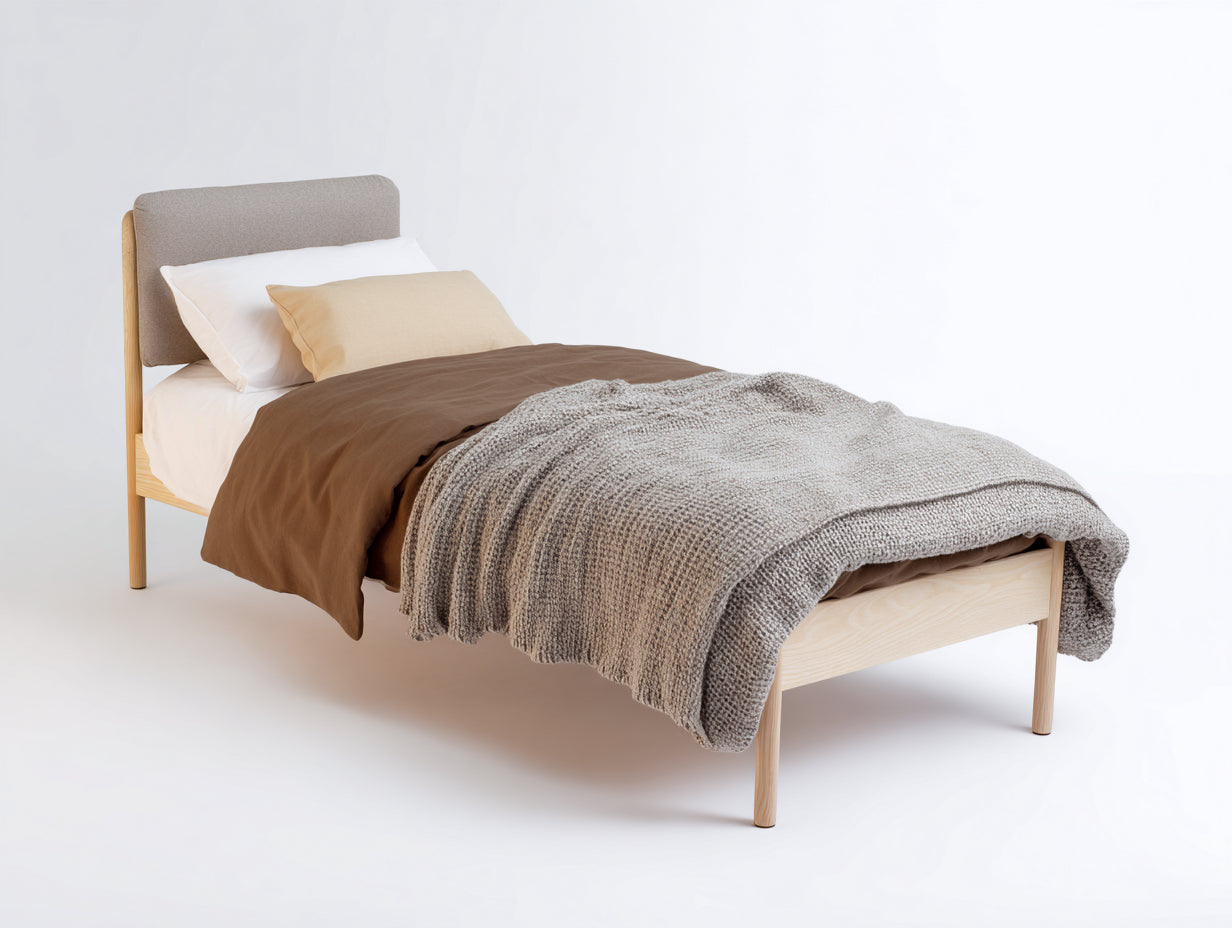 Lit simple - bois - tissu - 205x98x94 cm - bois clair-gris - style nordique
