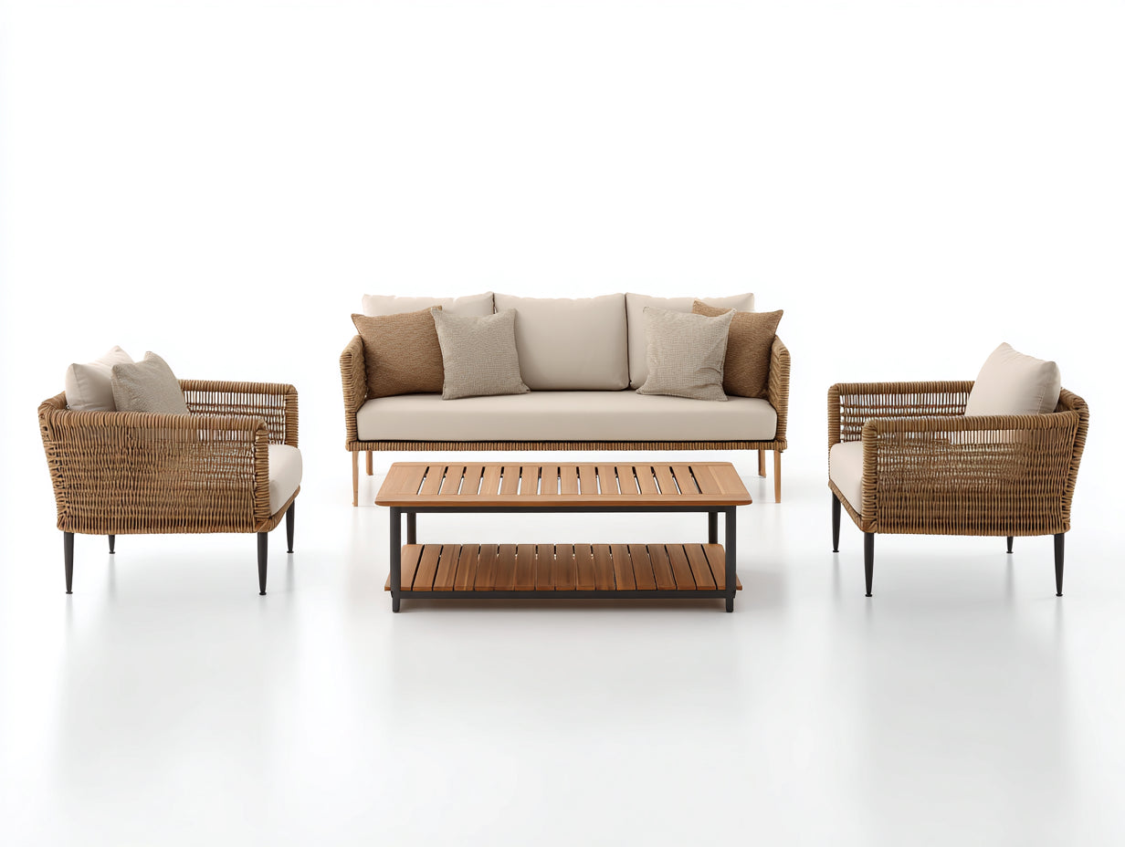 Canapé de jardin - rotin-métal-bois-tissu - 210x80x82 cm - beige naturel-crème-brun bois-noir - style contemporain