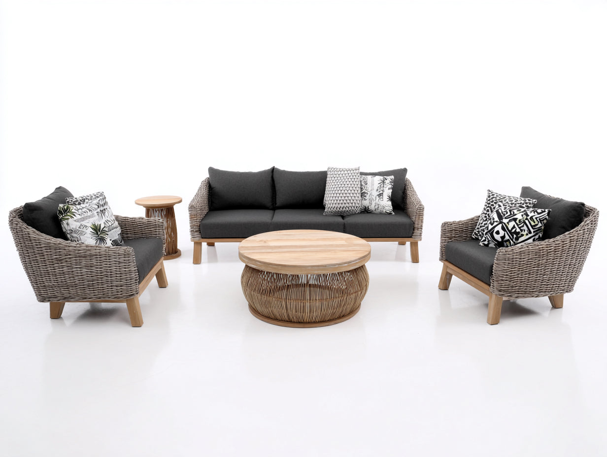 Canapé de jardin - rotin-bois-tissu - 238x82x84 cm - gris foncé-brun naturel - style contemporain