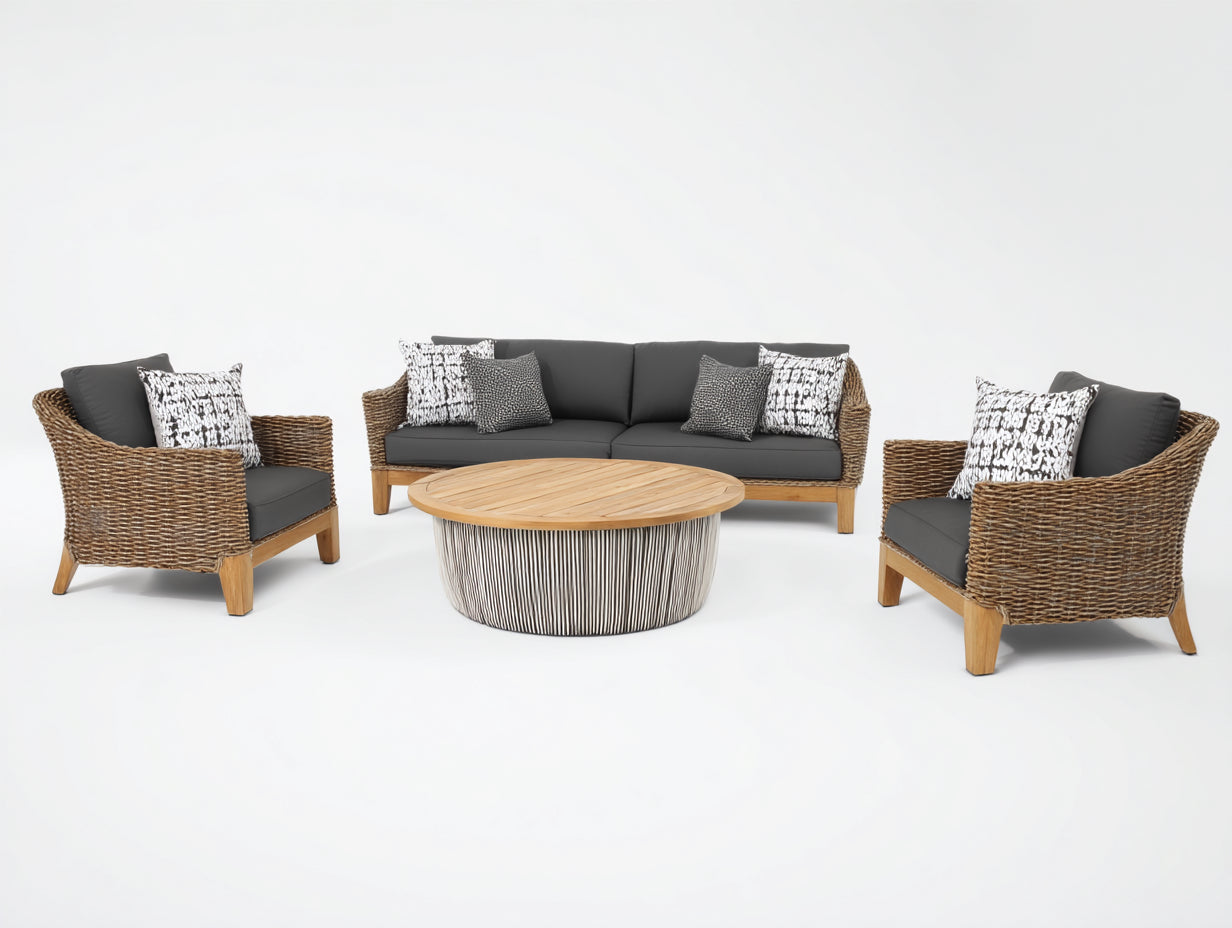 Canapé de jardin - rotin-bois-tissu - 190x82x78 cm - brun naturel-gris anthracite-beige - style contemporain