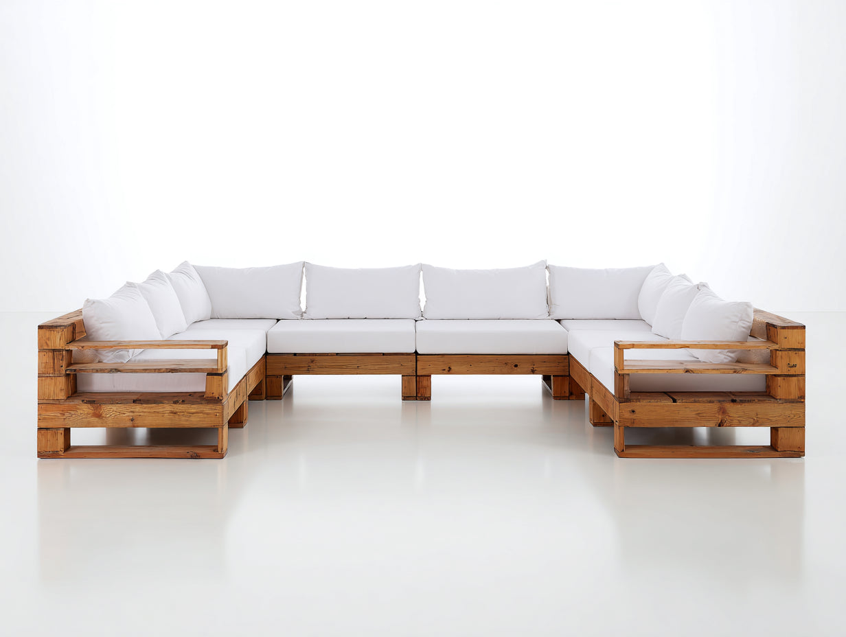 Canapé de jardin - bois-tissu - 340x210x76 cm - brun bois-blanc cassé - style industriel