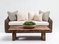 Canapé de jardin - rotin-bois-tissu - 196x92x84 cm - beige clair-brun naturel - style naturel