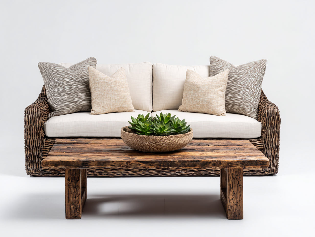 Canapé de jardin - rotin-bois-tissu - 196x92x84 cm - beige clair-brun naturel - style naturel