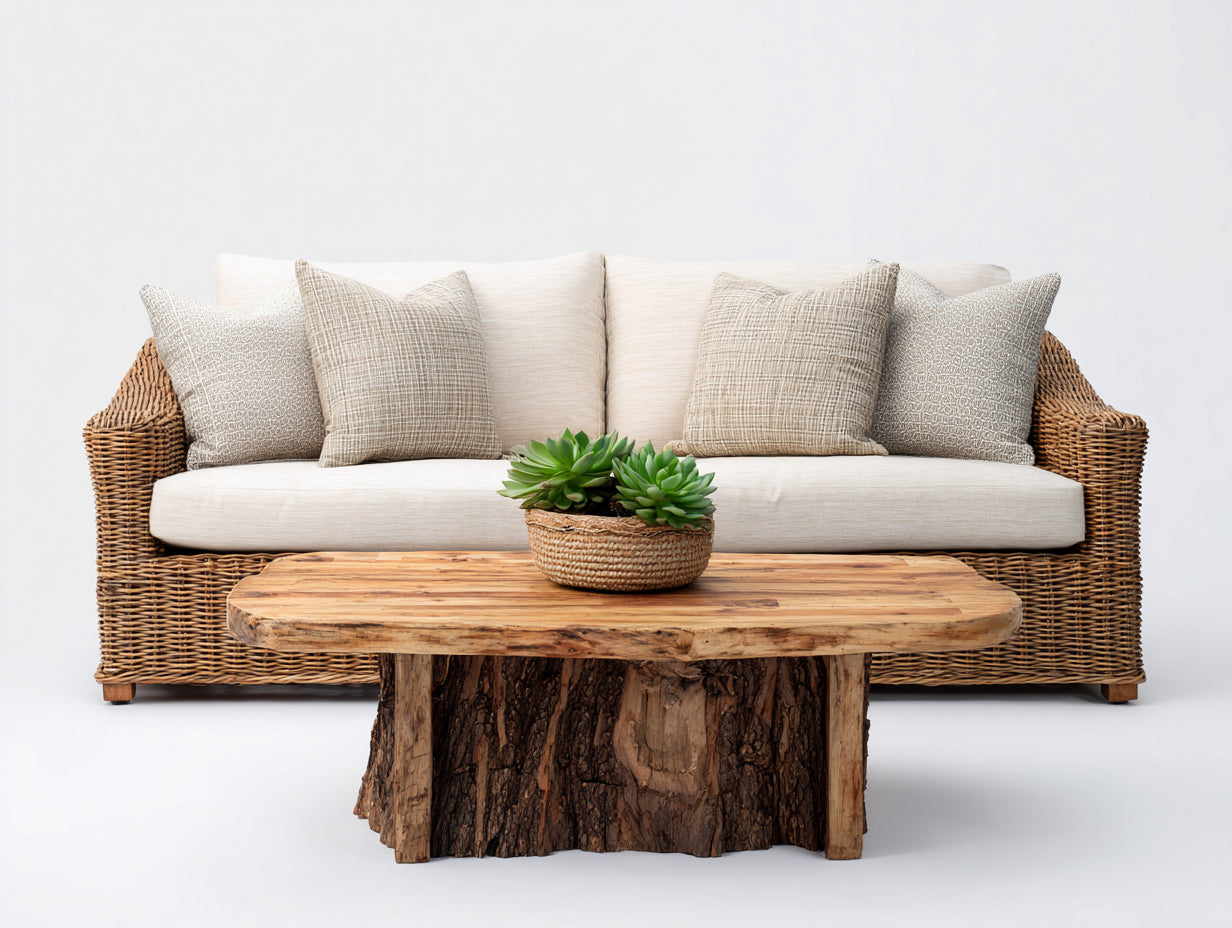 Canapé de jardin - rotin-bois-tissu - 198x88x84 cm - beige clair-brun naturel - style naturel