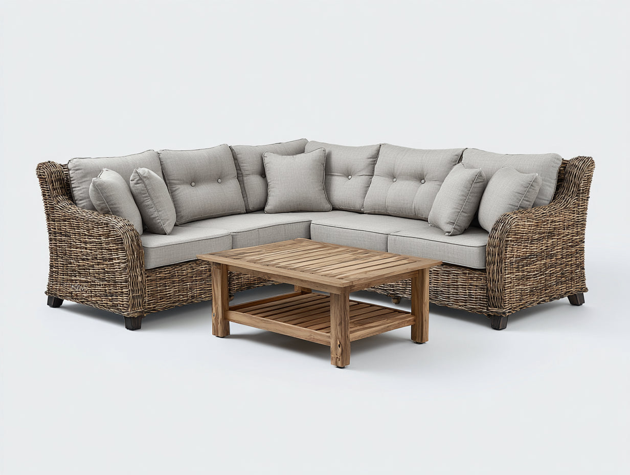 Canapé de jardin - rotin-bois-tissu - 270x270x85 cm - gris clair-brun naturel - style scandinave