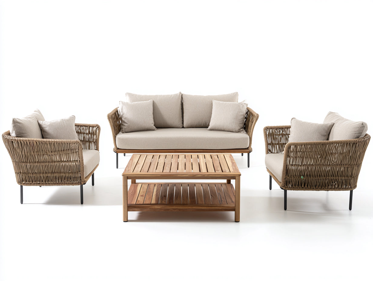 Canapé de jardin - rotin-métal-bois-tissu - 186x82x84 cm - beige naturel-crème-brun bois - style contemporain