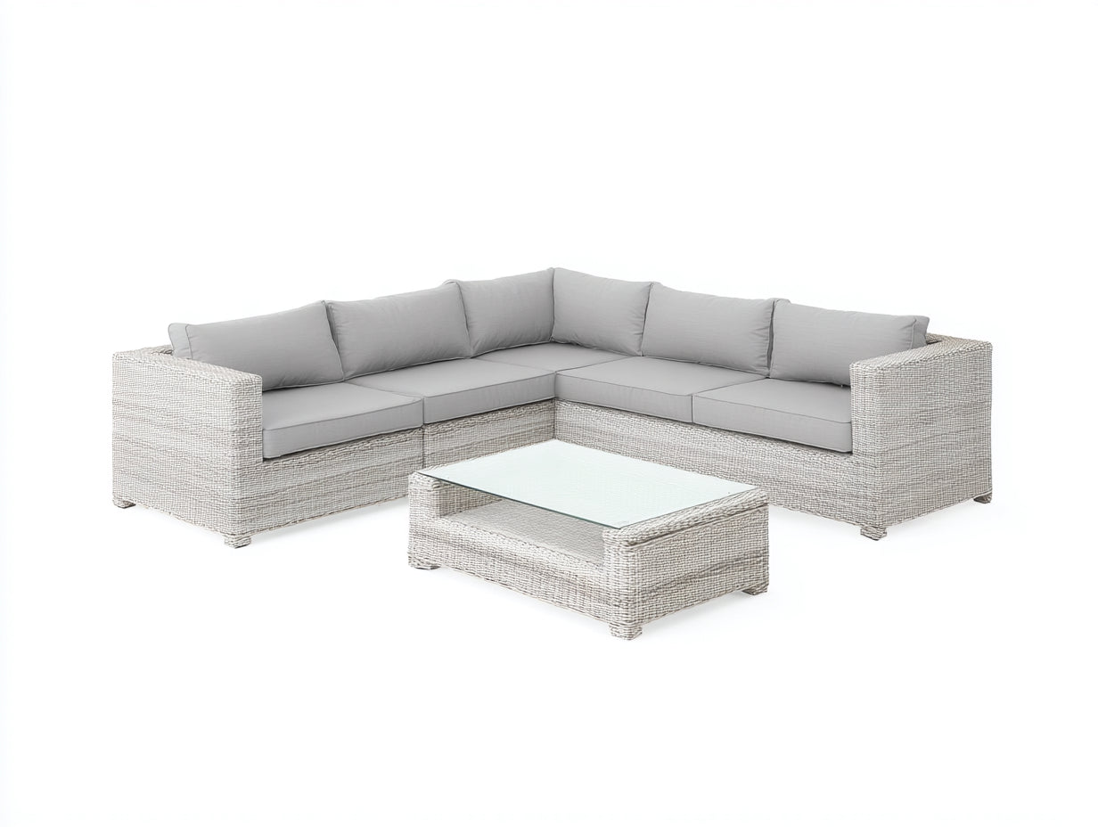 Canapé de jardin - rotin-verre-tissu - 268x268x78 cm - gris clair-gris perle - style moderne