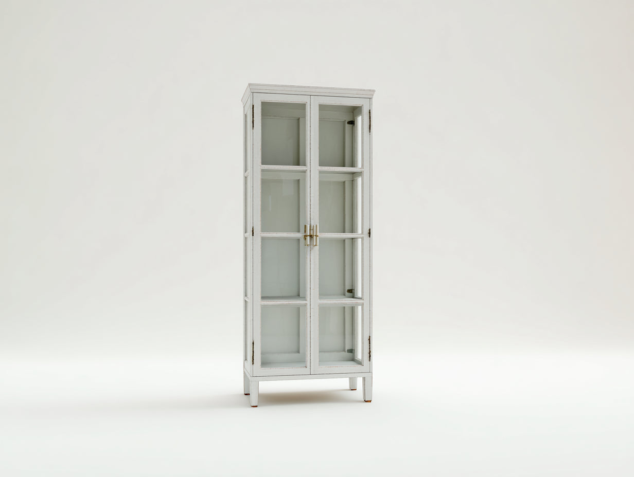 Vitrine - bois-verre - 68x34x186 cm - blanc cassé - style vintage