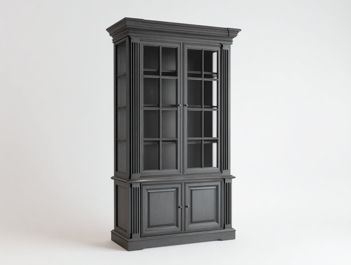 Vitrine - bois-verre - 118x46x216 cm - gris graphite - style néoclassique